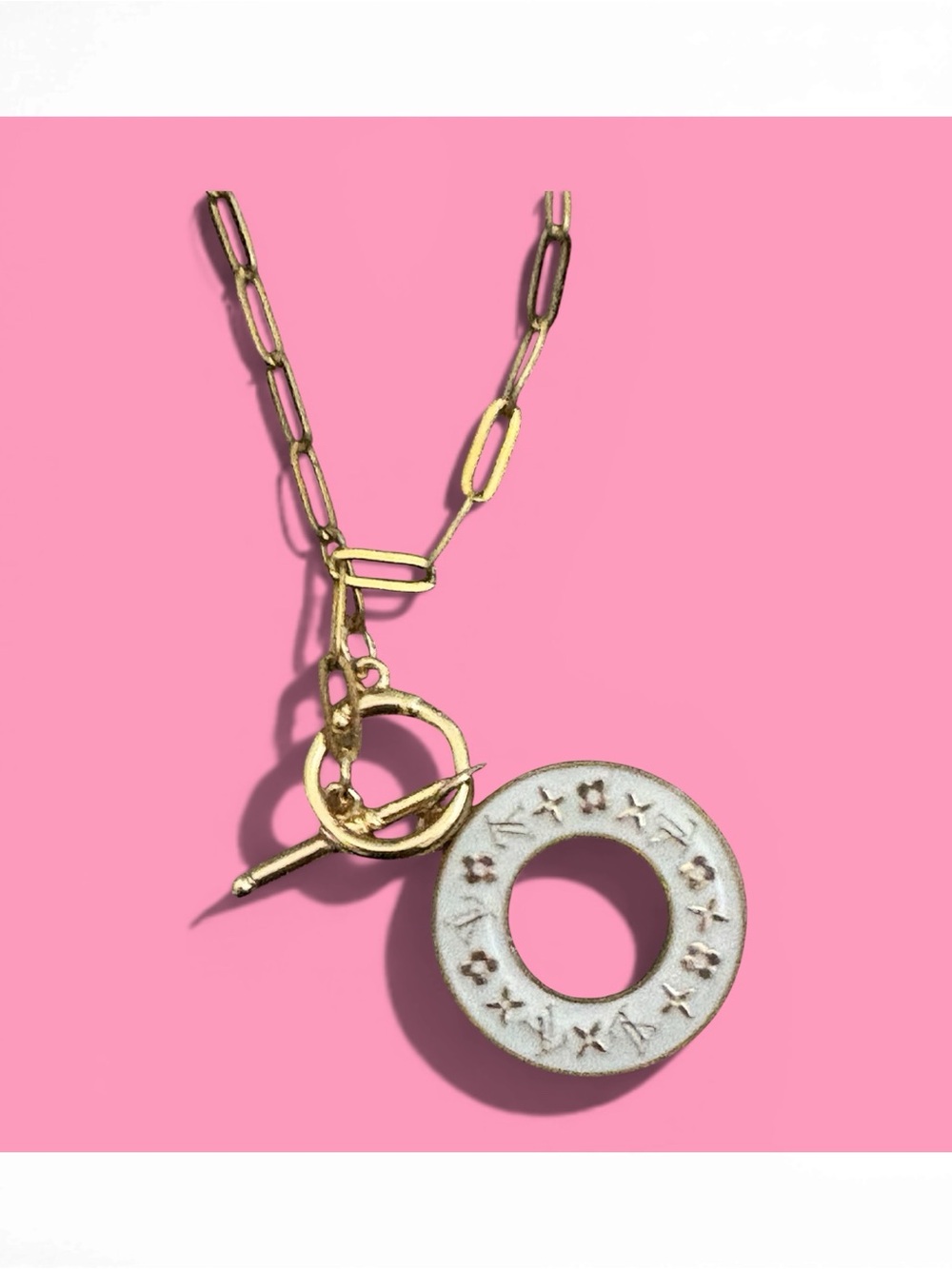 Upcycled LV Louis Vuitton double sided White & Gold Charm 30mm Necklace - Picture 3 of 4